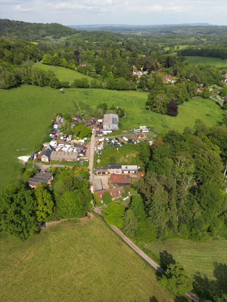 Aerial view of the Steep Salvage yard and surrounding fields